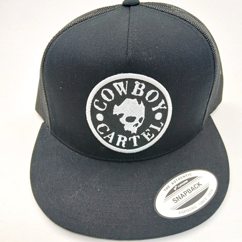 Black And White Flatbill Mesh Snapback Cowboy Cartel Patch Hat